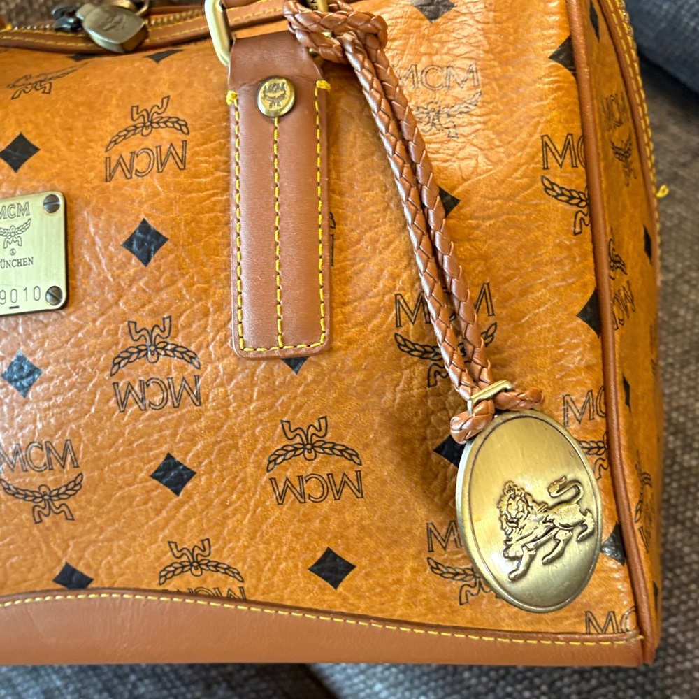 MCM Visetos Cognac Boston Bag with Princess Lion Charms - Picture 8 of 15